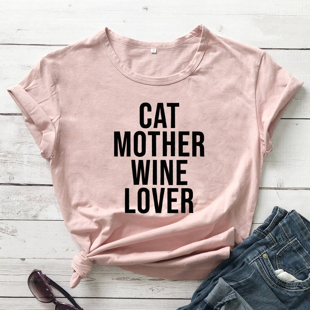 Cat Mother Wine Lover Women's T-shirt in Pink